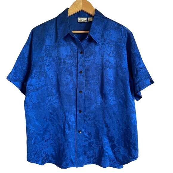Chico's Size Large Vintage Y2K 90s Silk Linen Blend Cobalt Blue Collared Short S - Picture 1 of 8
